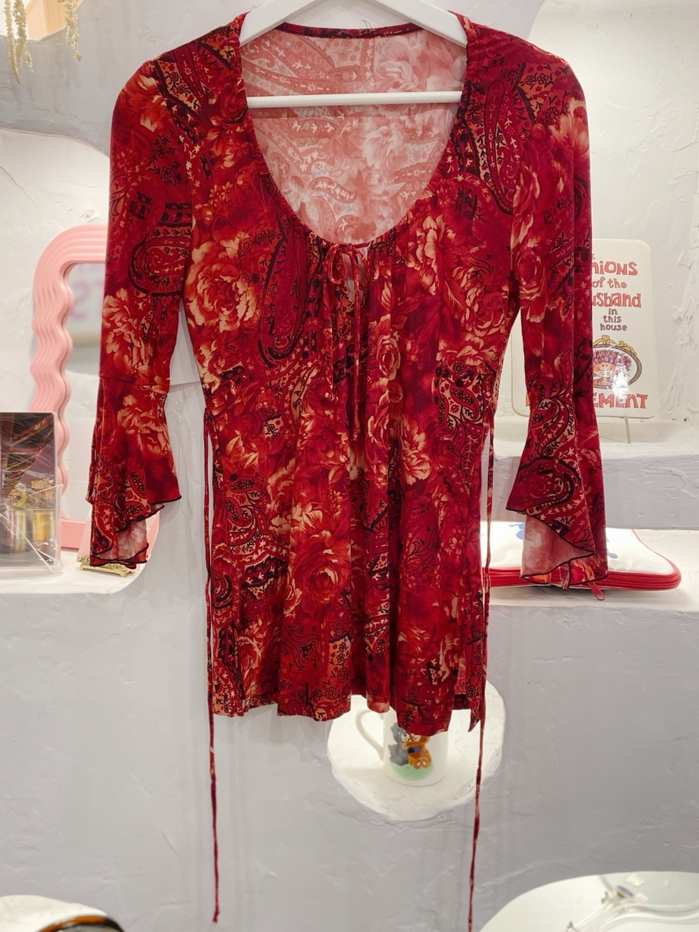 Women's Y2K Red Floral Trumpet Sleeve Whimsigoth Peasant Top Scoop Neck with Tie